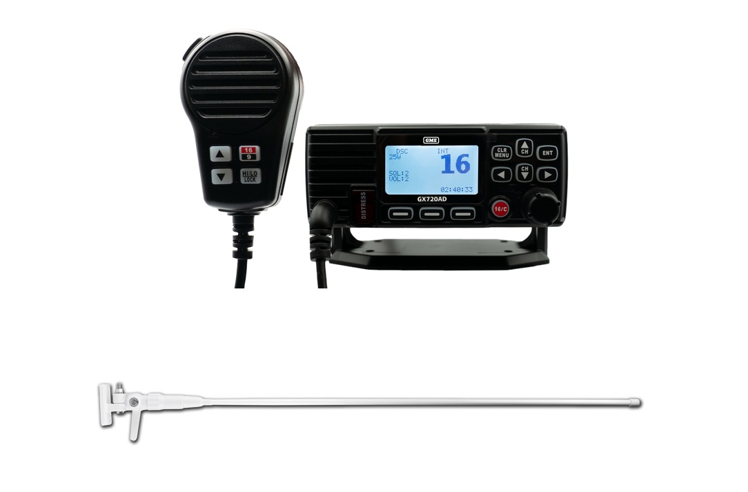 (image for) Gme GX720AD VHF Black MArine Fixed Mount Radio DSC And Mv3 Marine 1.2m White Antenna With Base Lead Pack